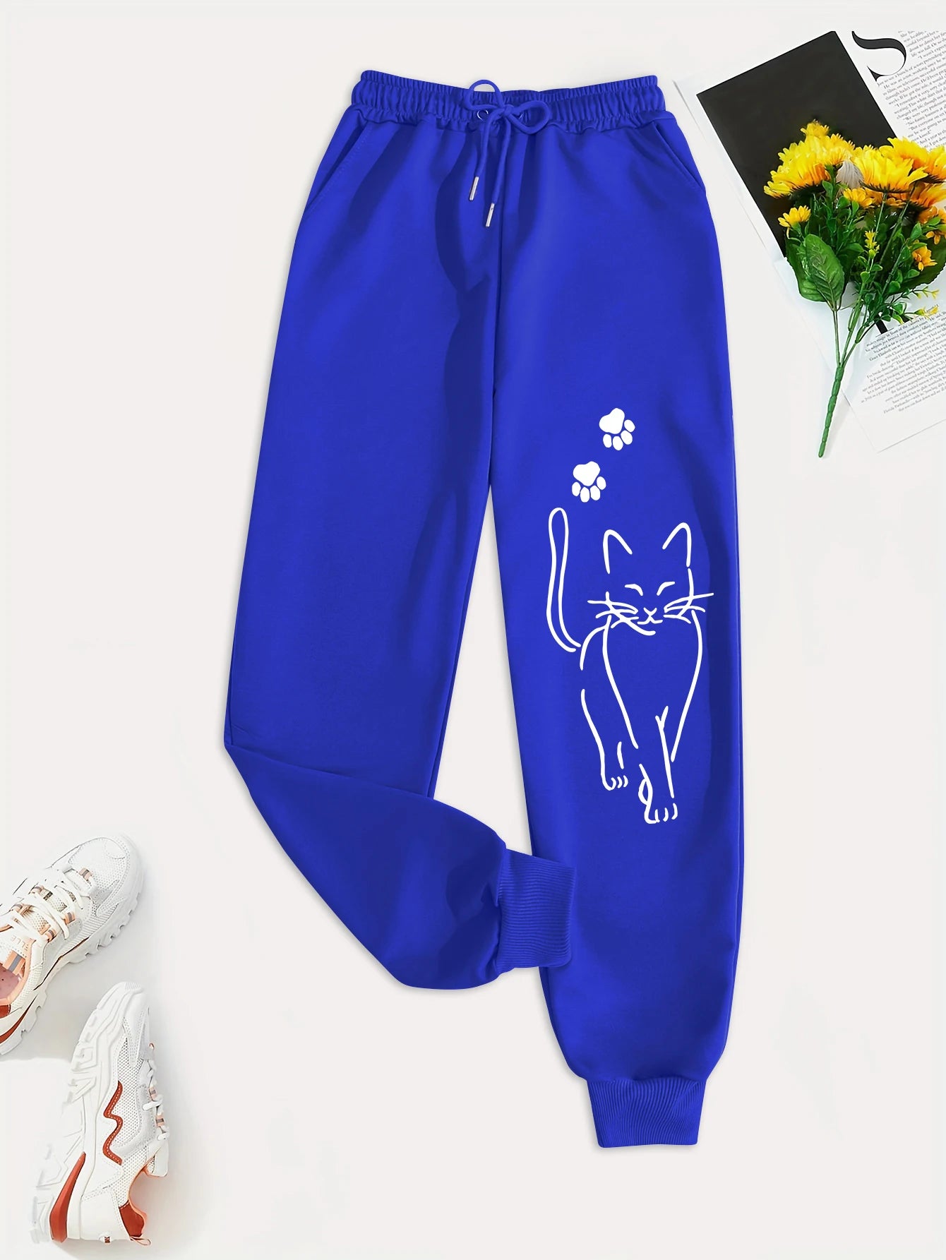 Elegant Cat Print Casual Pants