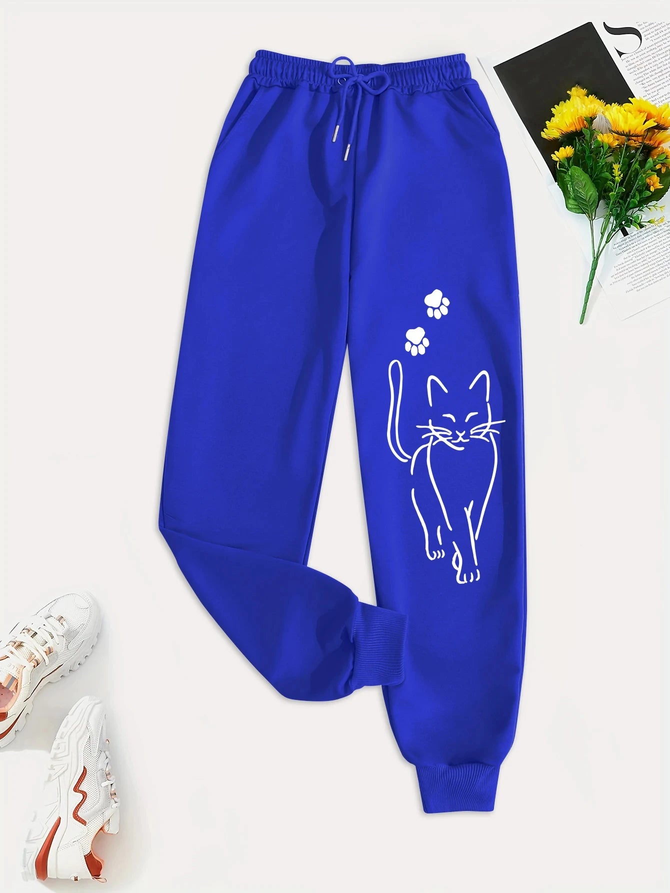 Elegant Cat Print Casual Pants