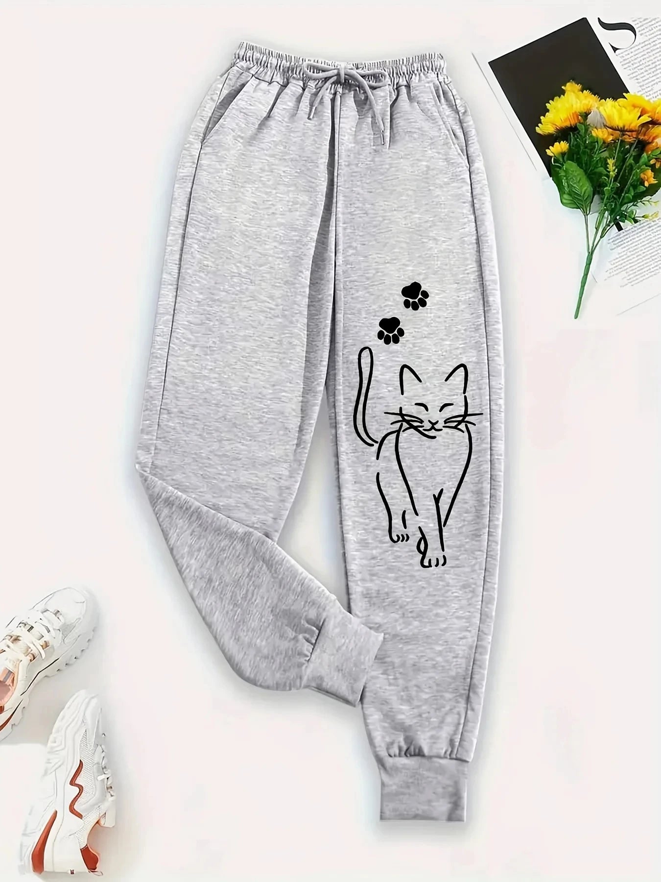 Elegant Cat Print Casual Pants