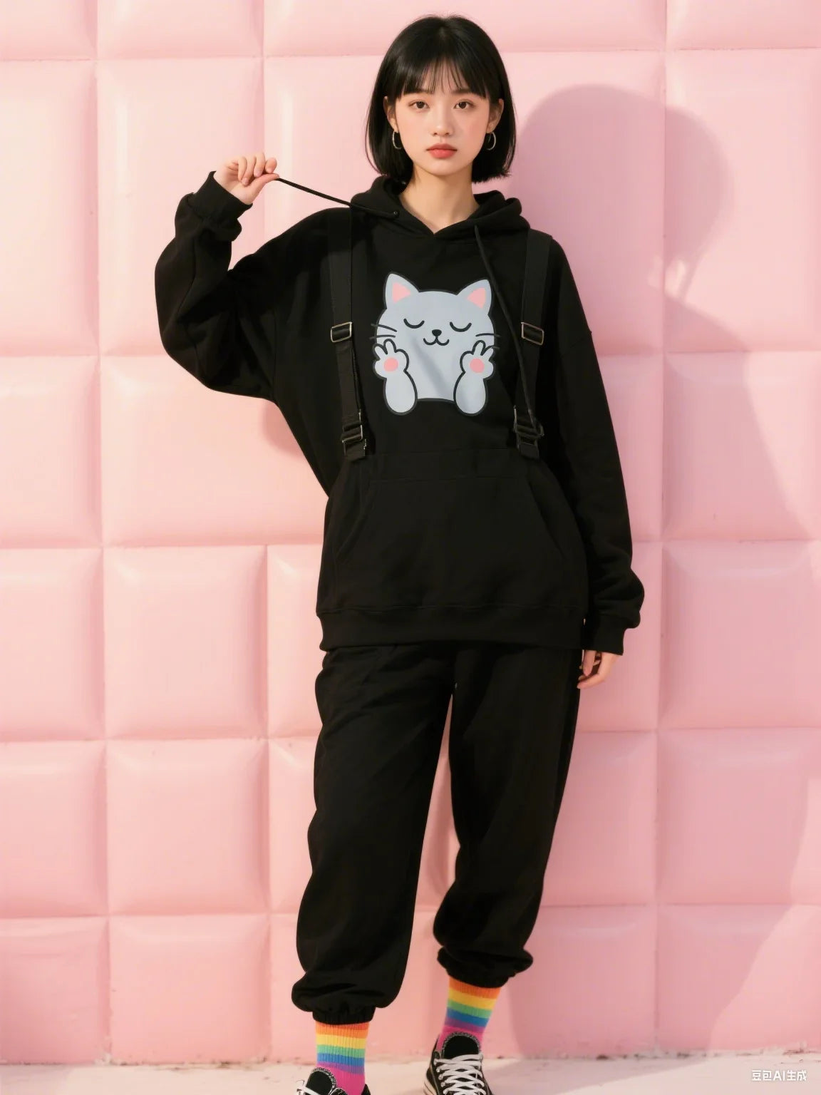 Hooded Sweatshirt Cartoon Cat Print