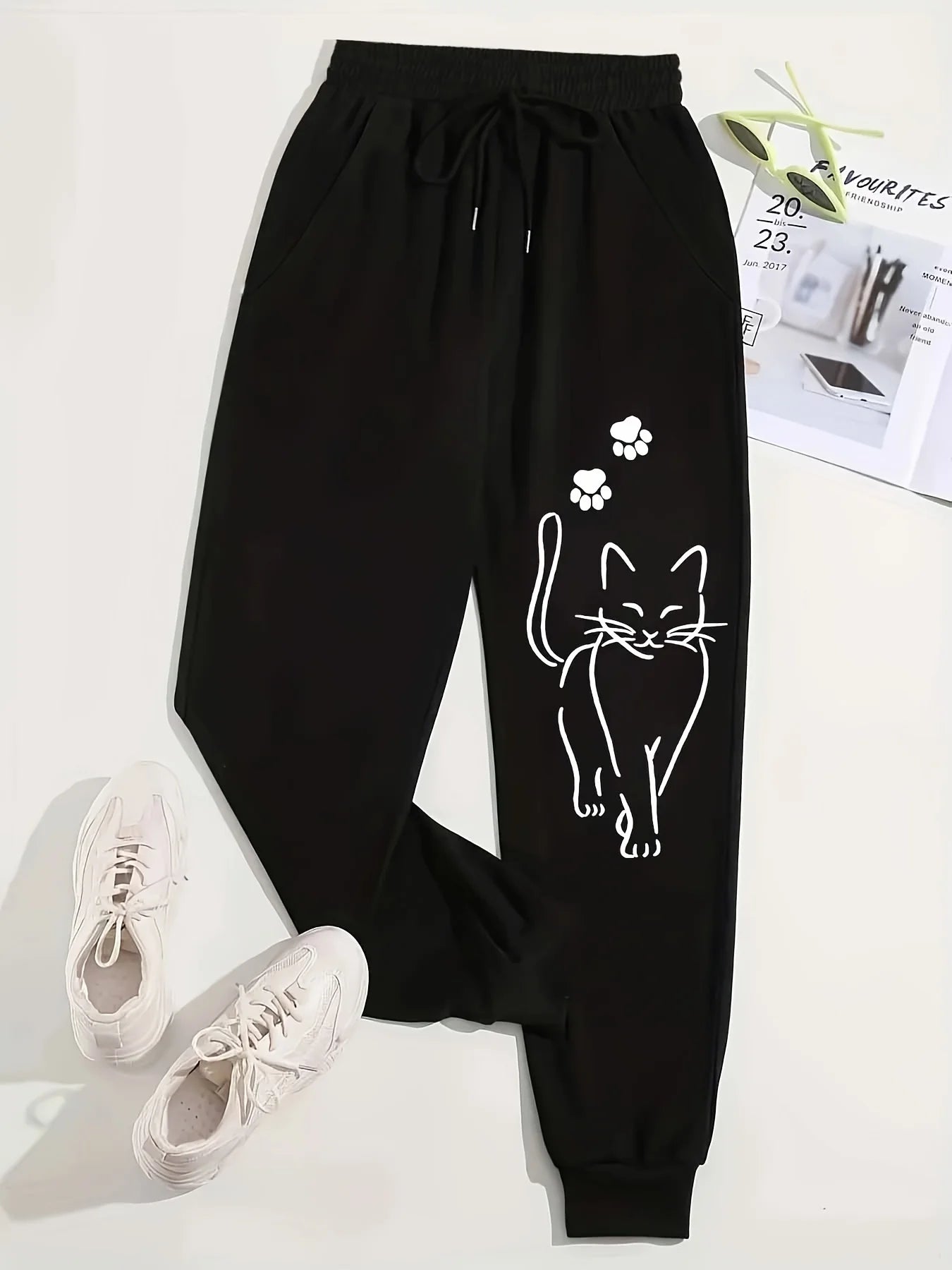 Elegant Cat Print Casual Pants