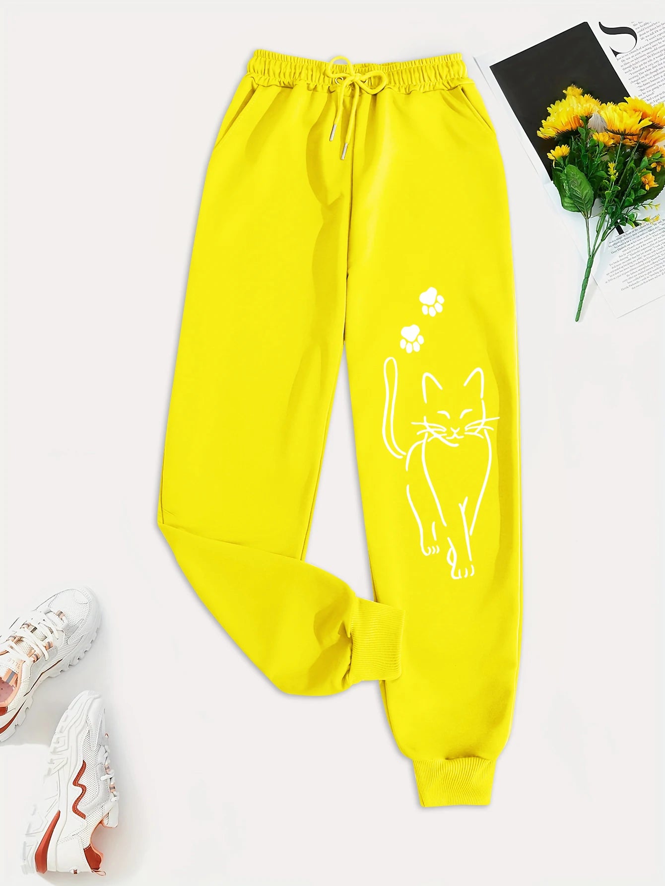 Elegant Cat Print Casual Pants