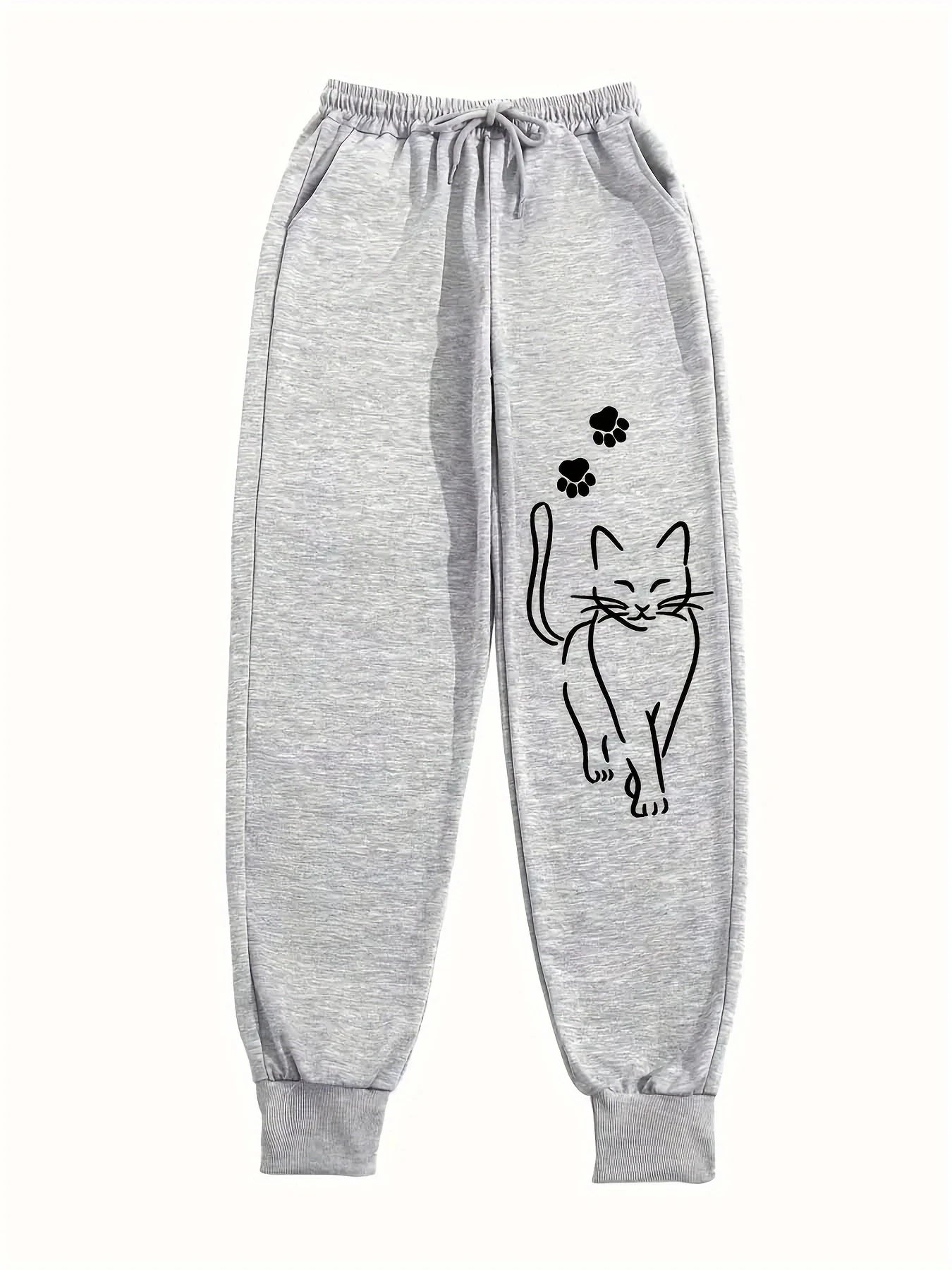 Elegant Cat Print Casual Pants