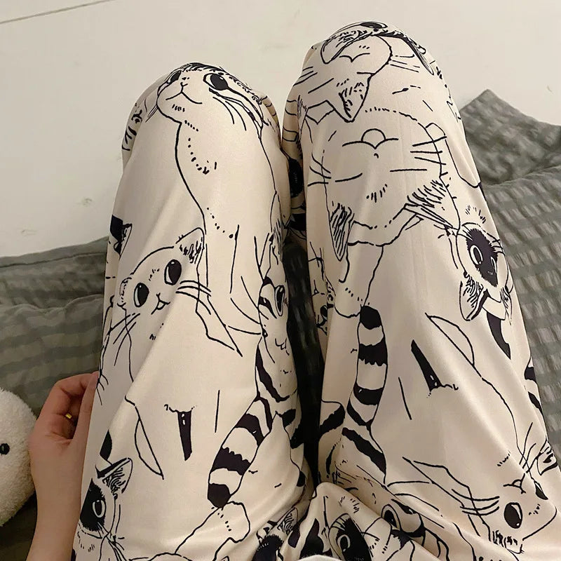 Pajama Pants with Cats Motive