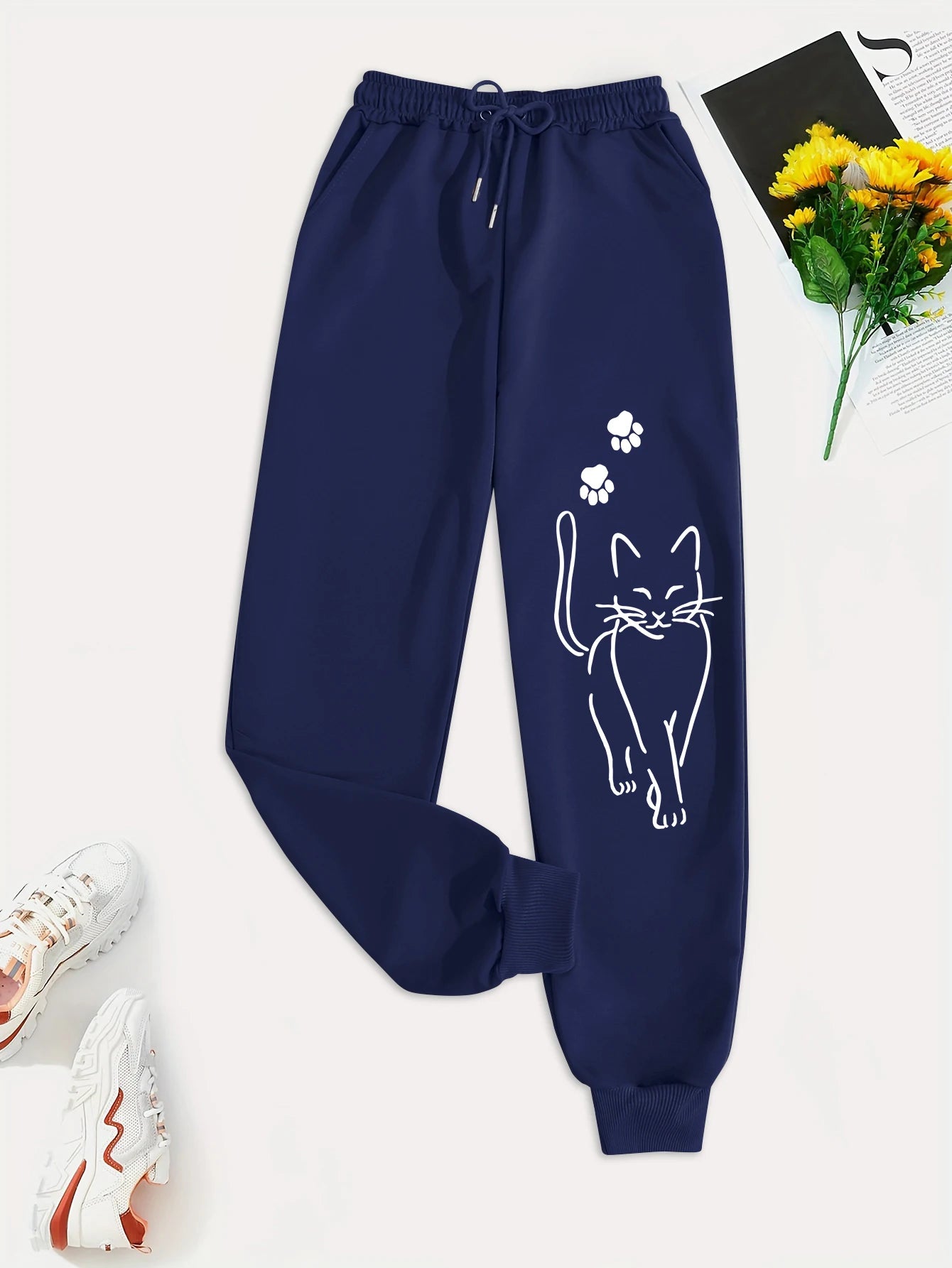 Elegant Cat Print Casual Pants