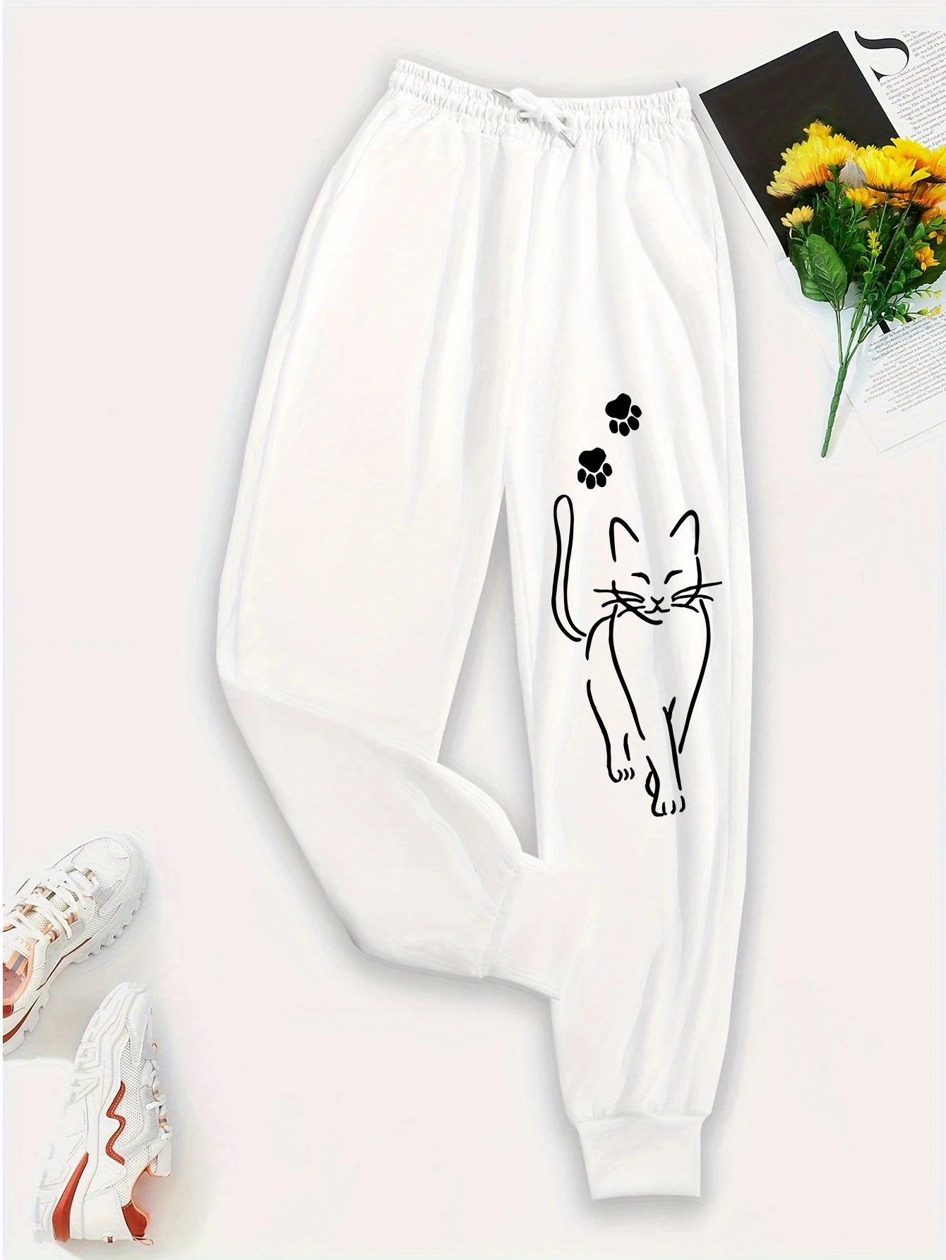 Elegant Cat Print Casual Pants