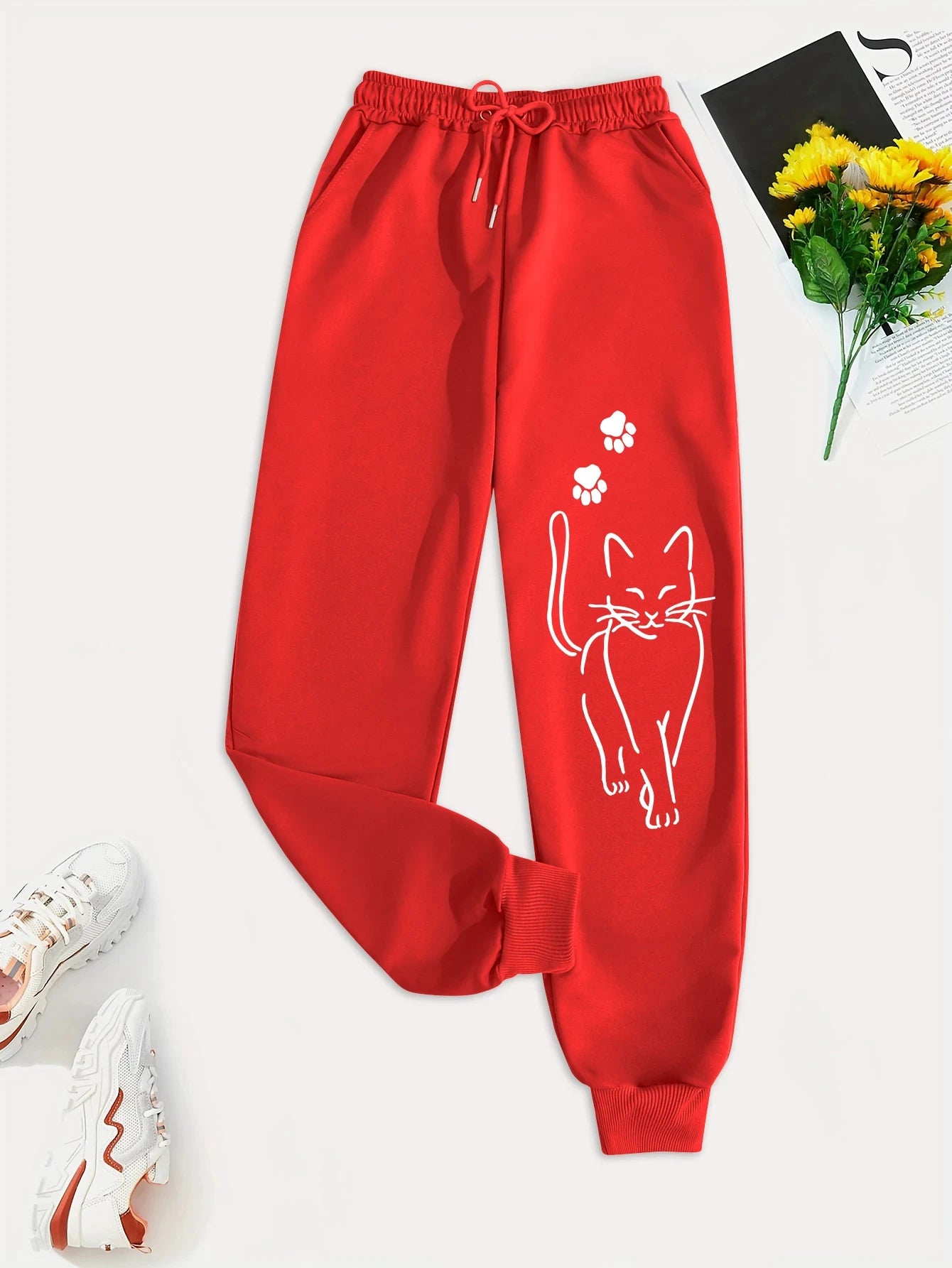 Elegant Cat Print Casual Pants