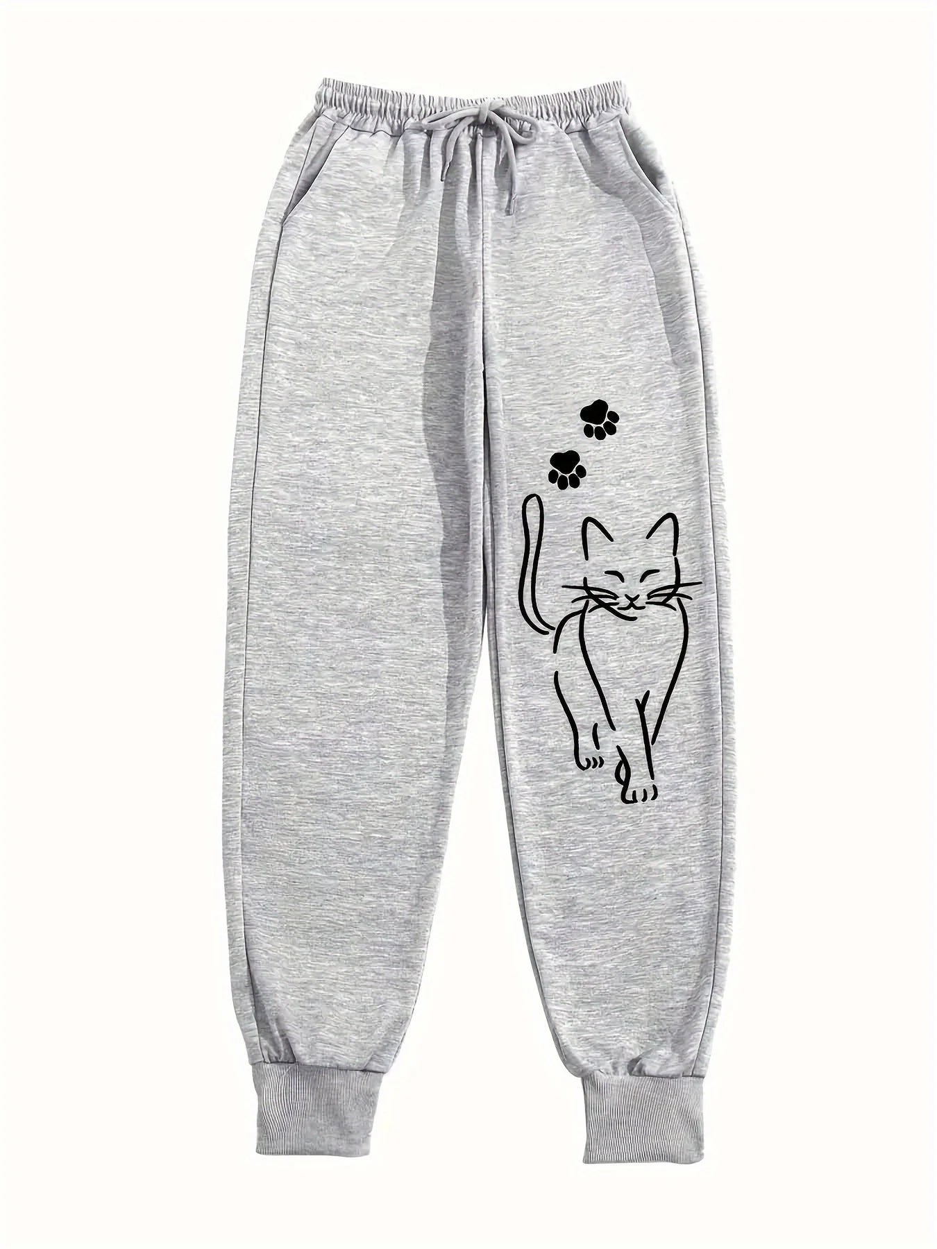 Elegant Cat Print Casual Pants
