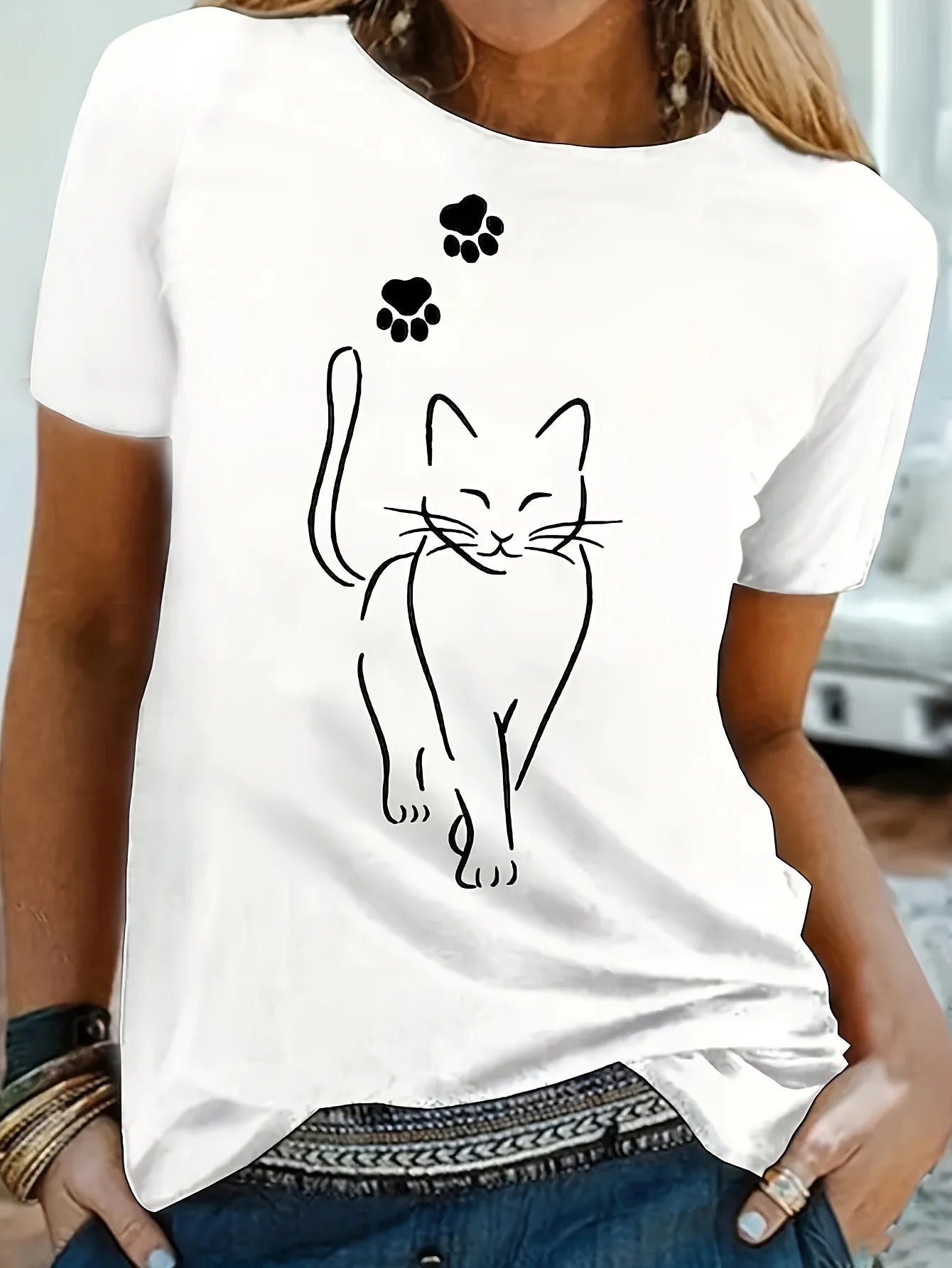 Women's Cat And Paws Print T-shirt