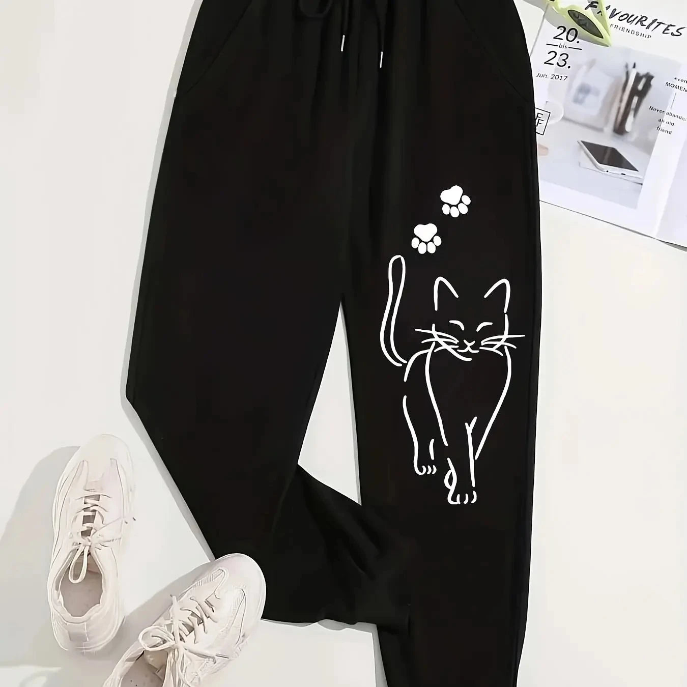 Elegant Cat Print Casual Pants