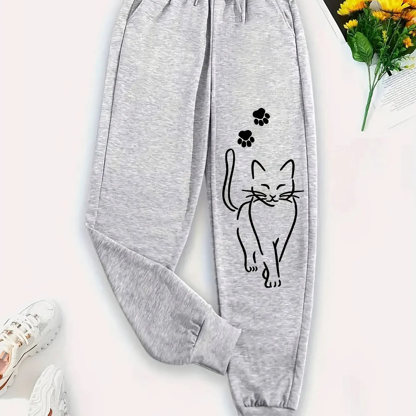 Elegant Cat Print Casual Pants