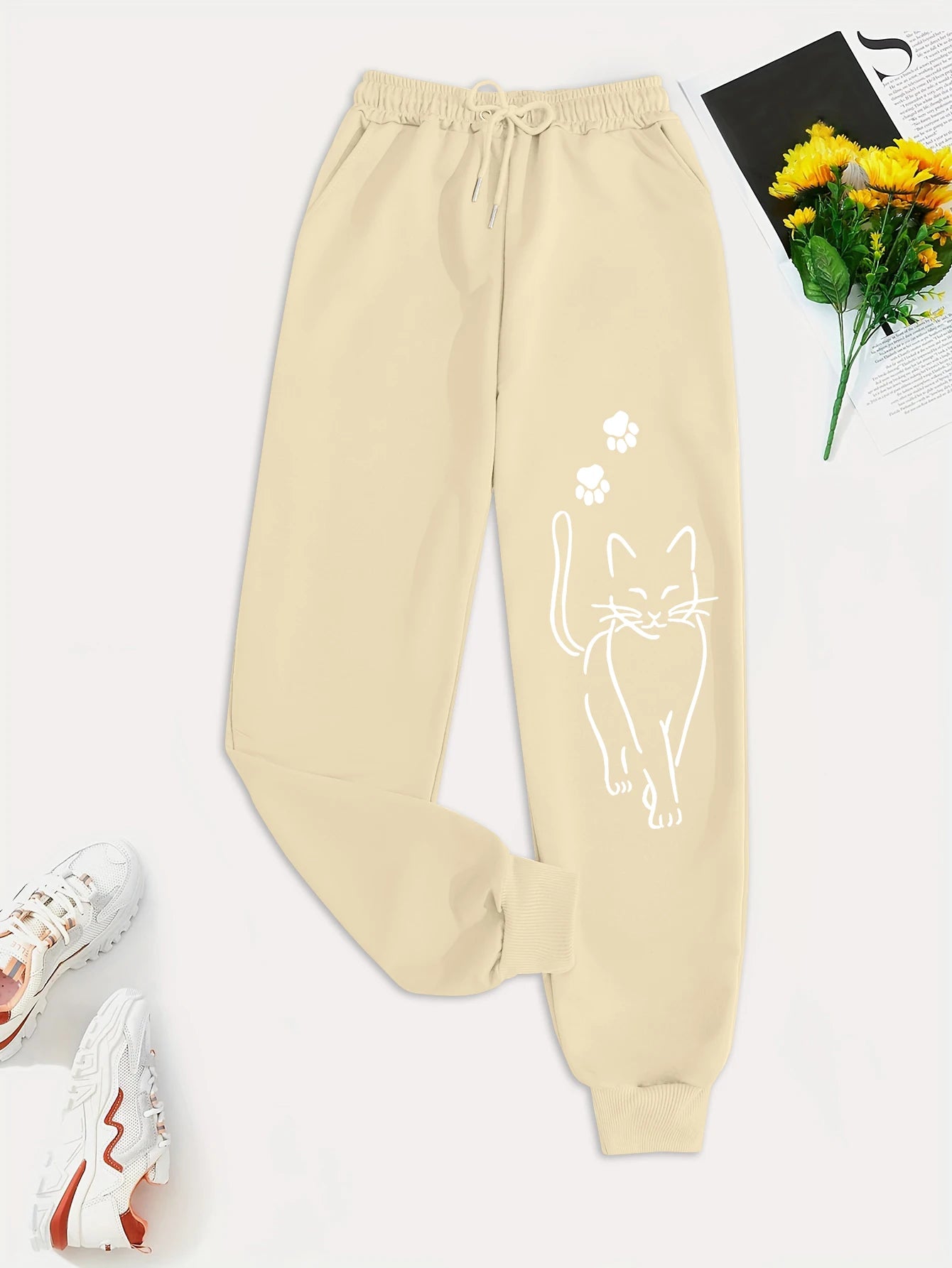 Elegant Cat Print Casual Pants