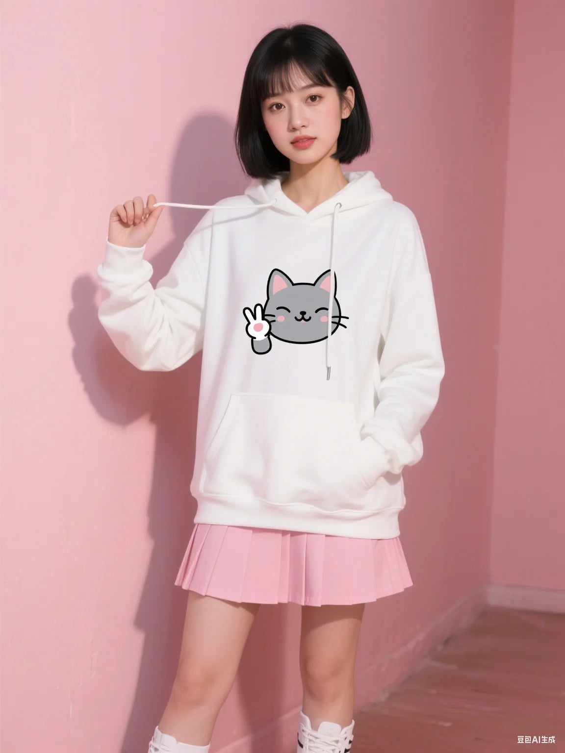 Hooded Sweatshirt Cartoon Cat Print