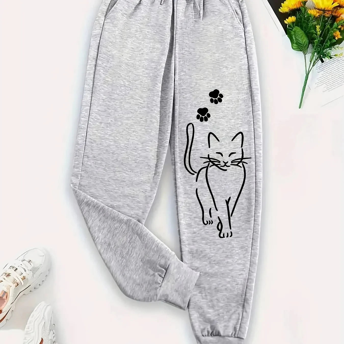 Elegant Cat Print Casual Pants