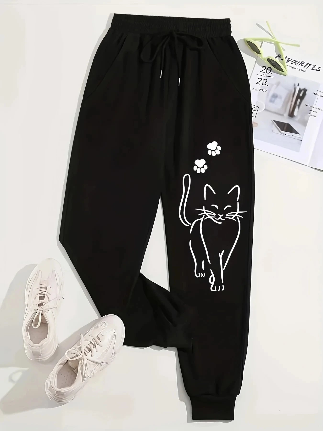 Elegant Cat Print Casual Pants