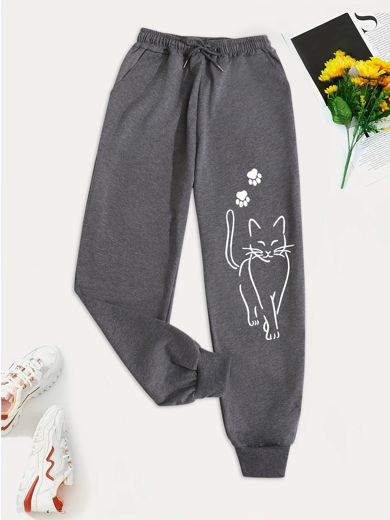 Elegant Cat Print Casual Pants