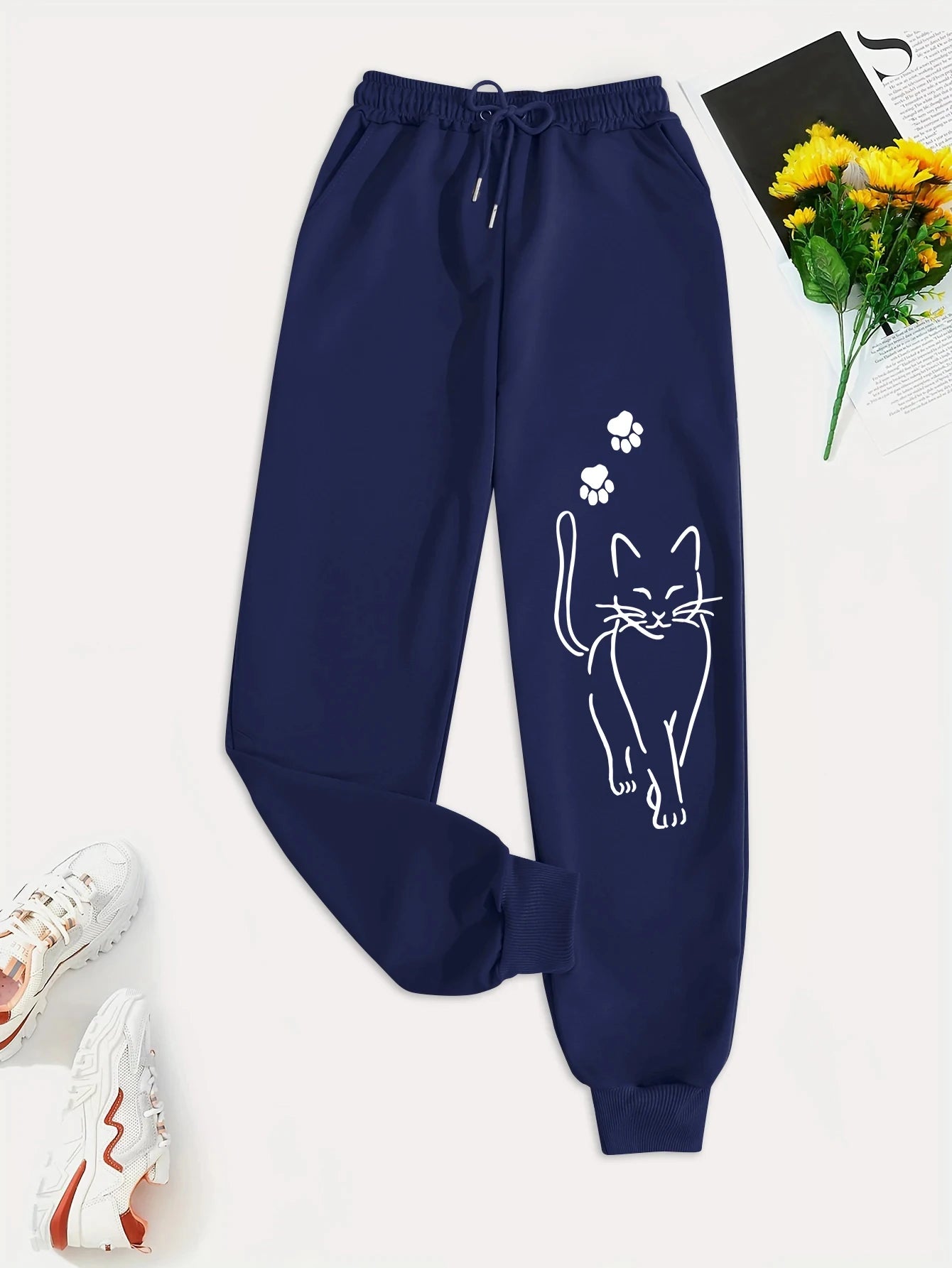 Elegant Cat Print Casual Pants