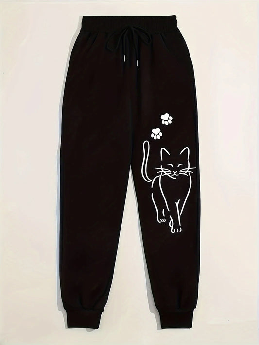 Elegant Cat Print Casual Pants