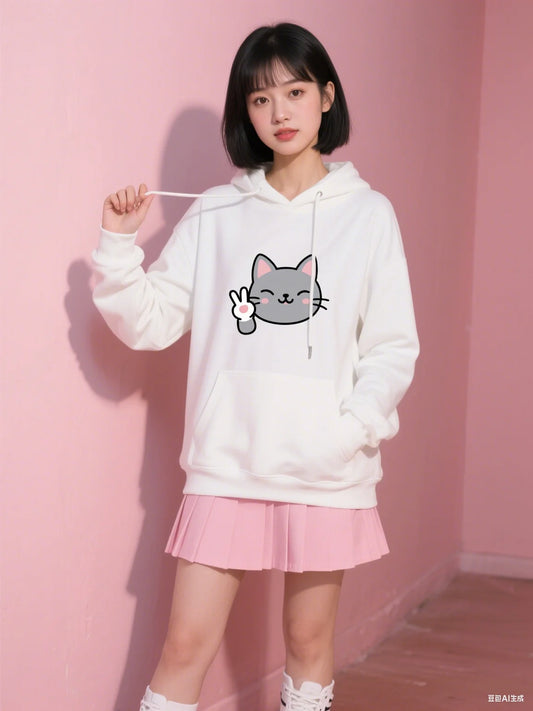 Hooded Sweatshirt Cartoon Cat Print